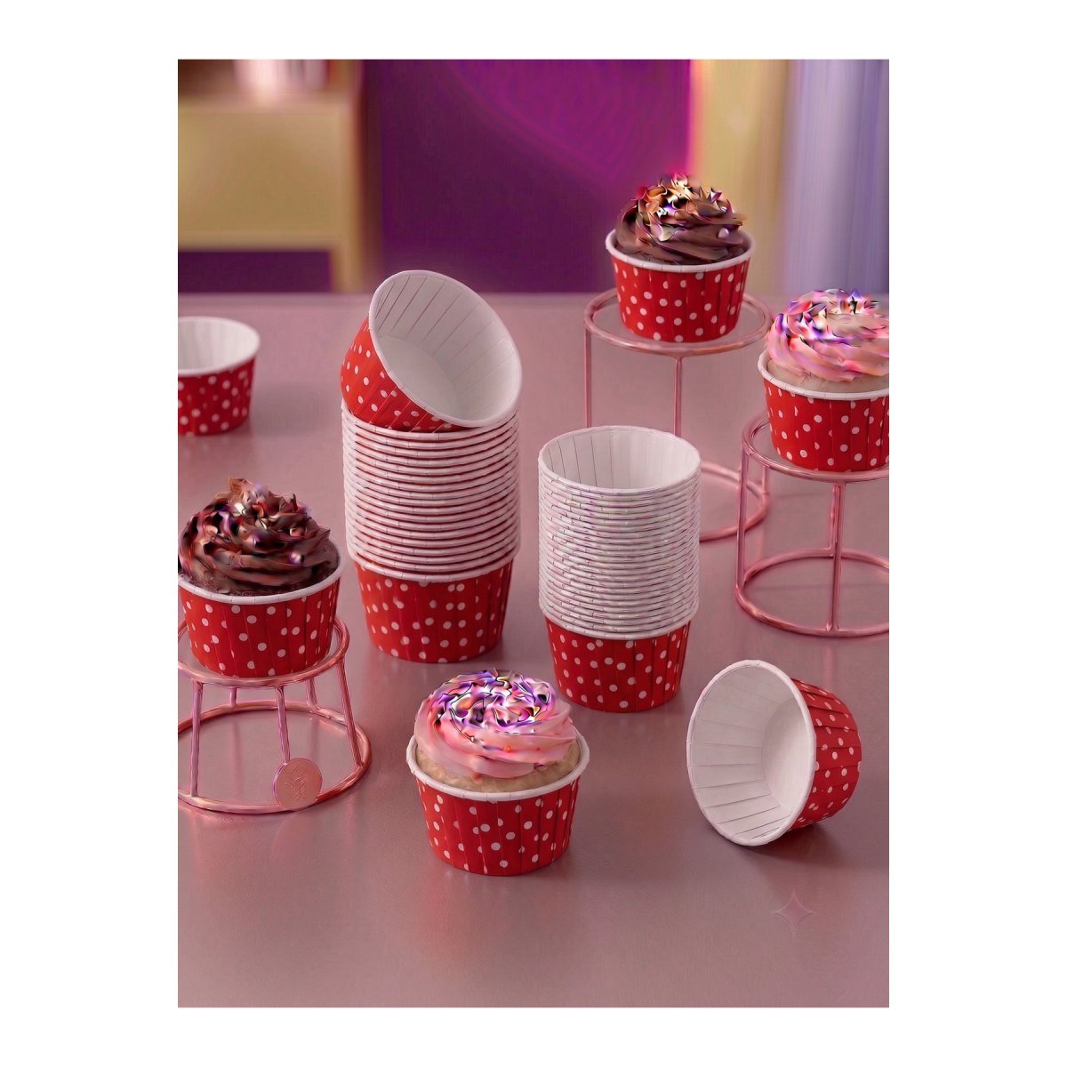 Puantiyeli Kırmızı Kek Kapsülü - Beyaz Benekli Muffin Ve Cupcake Pişirme Kalıbı Parti Kabı