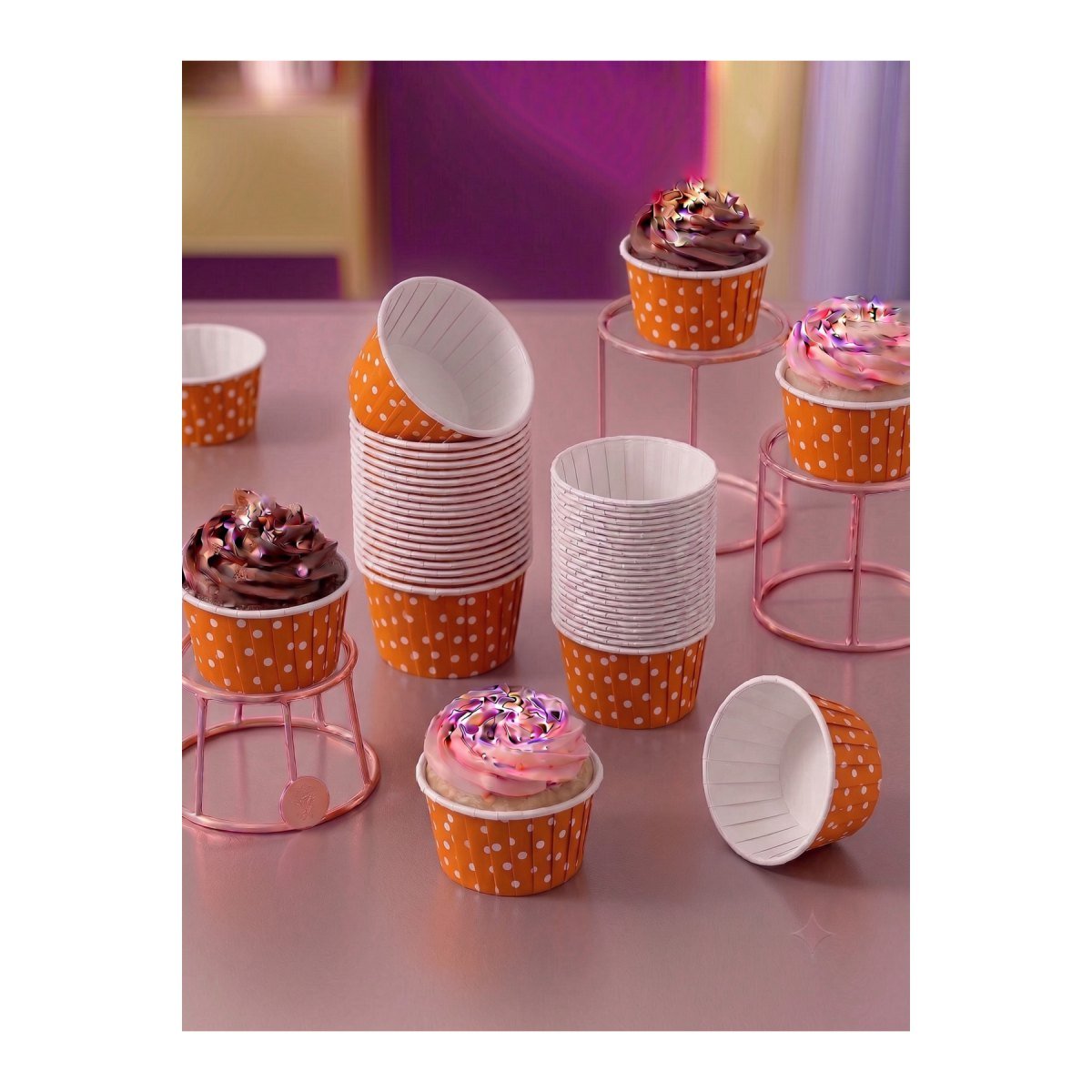Puantiyeli Turuncu Kek Kapsülü - Beyaz Benekli Muffin Ve Cupcake Pişirme Kalıbı Parti Kabı